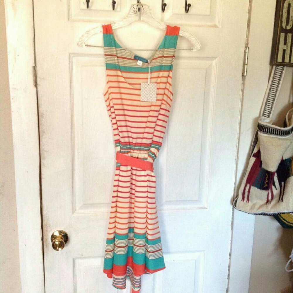 Anthropologie Coral, Teal & Cream Striped Mini Dress